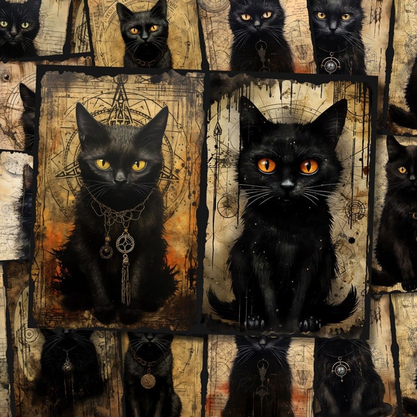 Black Cat Junk Journal Páginas Dark Witch Fantasy Magical Junkjournal Kit Halloween Digi Kit Goth Digital Paper Collage Hoja imprimible