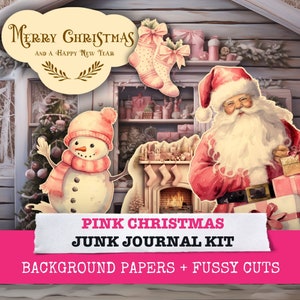 Pink Christmas Winter Cabin Junk Journal Kit, Pastel Pink Christmas Papers, Card Making, Fussy Cut, Mix and Match DIY Craft Project Download