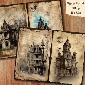 Haunted Mansion Watercolor Junk Journal Page Halloween Gothic Witchy ...