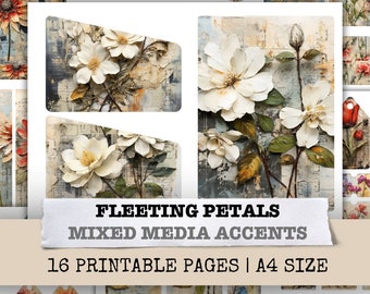 Fleeting Petals Flower Ephemera Junk Journal Kit Paper Mixed Media Art Scrapbooking Page Floral Collage Sheet Printable Digital Download