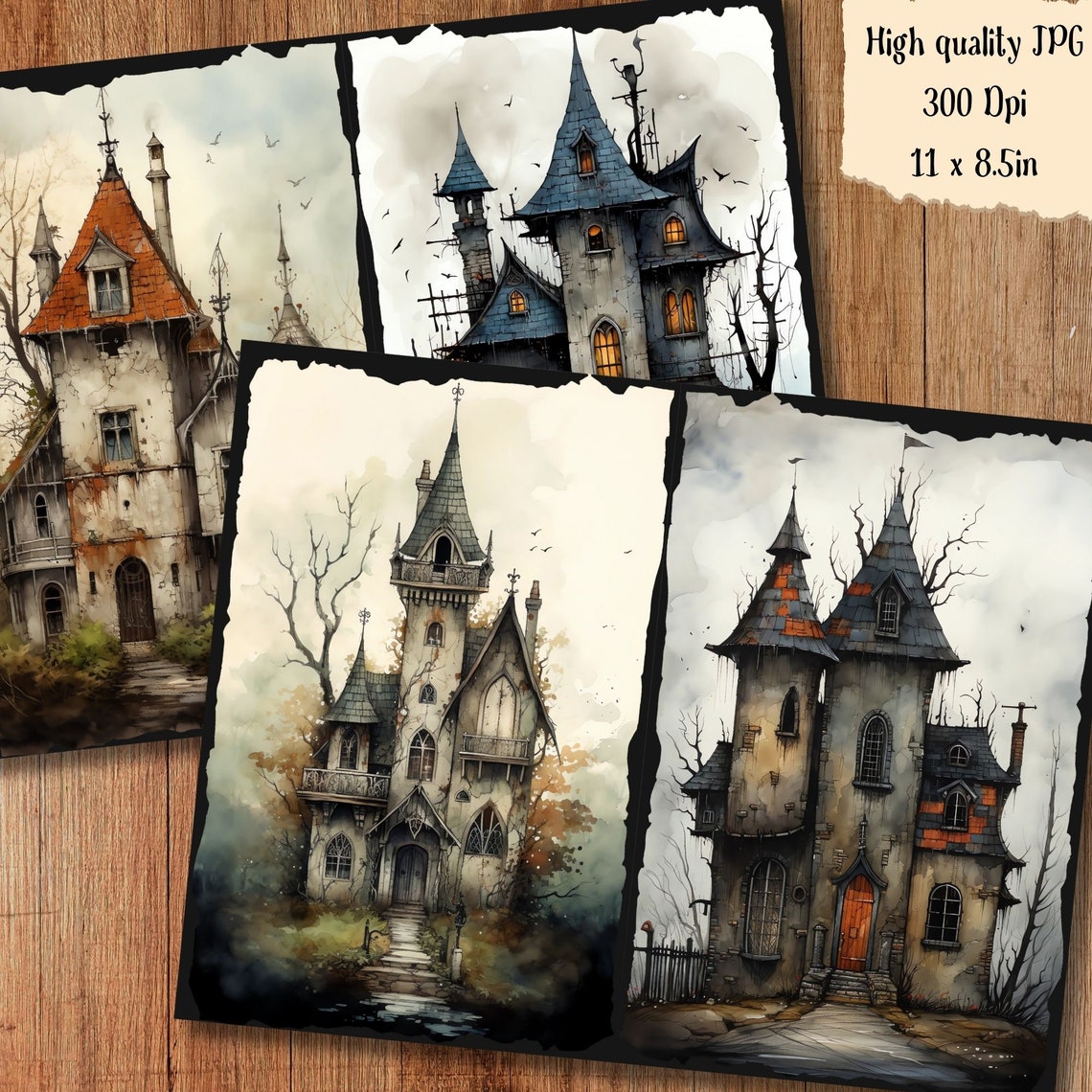 Whimsical Spooky Houses Junk Journal Pages Dark Haunted Mansion Manor ...
