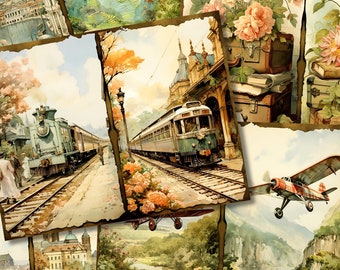 May include: A collage of vintage images featuring a train, a plane, and floral arrangements. The train is a blue and white steam engine with passenger cars. The plane is a red and white biplane. The floral arrangements are in shades of pink, white, and green.