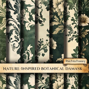 Papel de damasco botânico, papel de scrapbook inspirado na natureza para diários de lixo, papel decoupage, padrão de damasco verde e terroso, folha de fundo