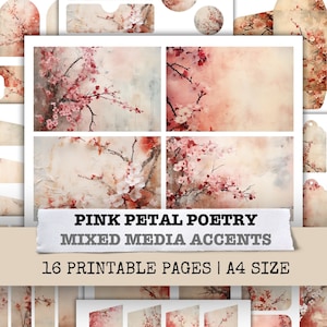 Rosa Blütenblatt Poesie Ephemera Junk Journal Kit Kirschblüte Blume Papier Mixed Media Art Scrapbooking Seite Floral Collage Digitaler Download