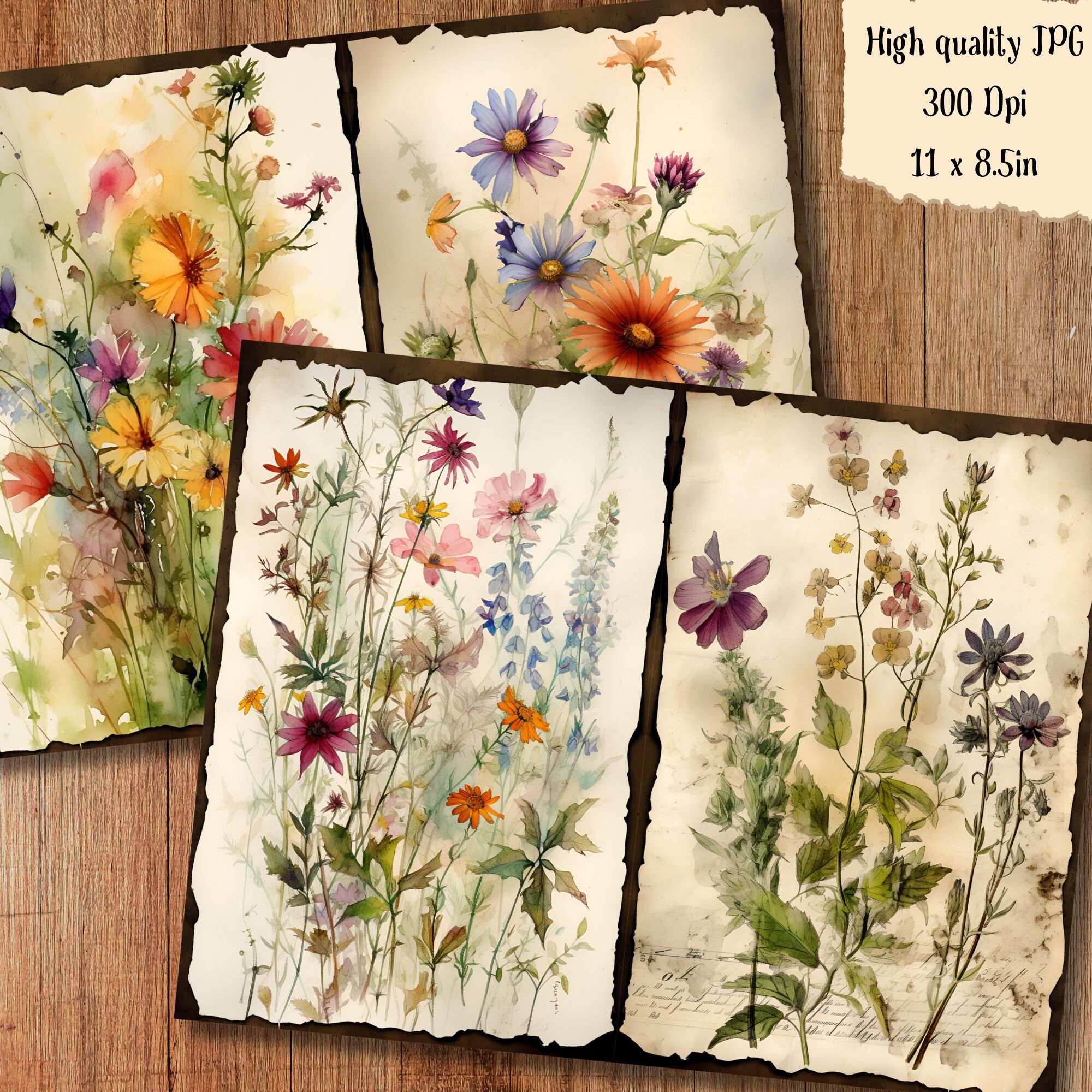 Wildflower Floral Watercolor Junk Journal Pages Flower Journaling Paper ...