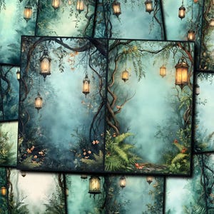Può includere: Un'illustrazione digitale di una scena di foresta magica con lanterne luminose appese ai rami degli alberi. La foresta è piena di una nebbia blu morbida e le lanterne proiettano un bagliore caldo e invitante.