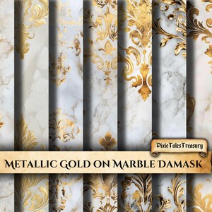 Puede incluir: Un paquete de papel digital con ocho patrones sin costuras de diseños de damasco dorado metálico sobre un fondo de mármol blanco. El texto "Metallic Gold on Marble Damask" se muestra en la parte inferior de la imagen.
