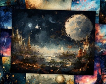 Cosmic Night Fantasy Junk Journal Kit Textured Mixed Media Starry Night Celestial Twilight Moon Digital Paper Scrapbook Printable Pages