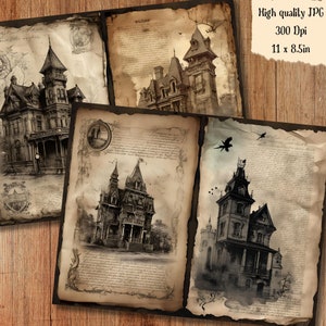 Haunted Mansion Watercolor Junk Journal Page Halloween Gothic Witchy ...