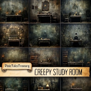 Creepy Study Room Junk Journal Kit Halloween Dark Goth Gothic Spooky Collage Sheet Vintage Scrapbooking Card Mixed Media Art Pages Download