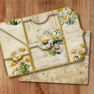 Kit de carnet de voyage folio aquarelle à trois volets, fleur marguerite vintage Mini kit de carnet de bord folio bricolage vintage, pochette folio pliante numérique, pochette de rangement