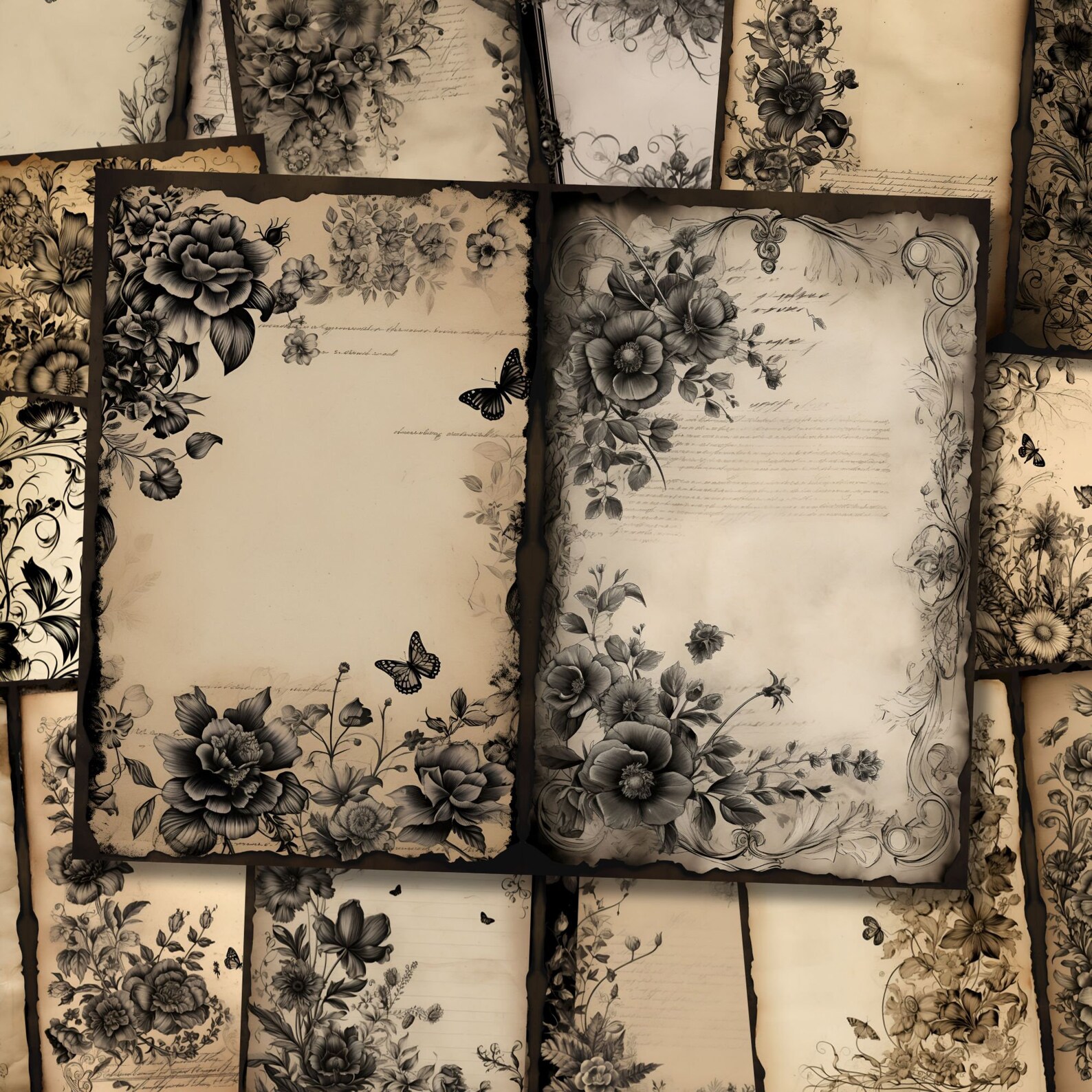 Dark Floral Watercolor Junk Journal Page Flower Journaling Paper ...