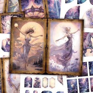 Fioletowy zaczarowany wróżkowy dziennik śmieciowy zestaw fantasy bajkowy las strona scrapbookingu papier do rękodzieła wydrukowany kolaż akwarela cyfrowe pobieranie
