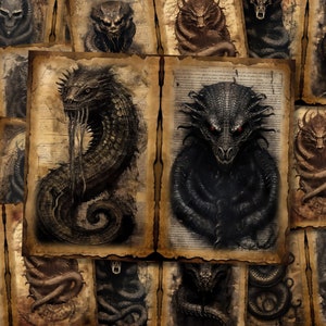 May include: A collage of vintage-style illustrations featuring dragons with intricate details. The dragons are depicted in various poses, with some coiled and others with wings spread. The illustrations are set against a background of aged parchment paper with text.