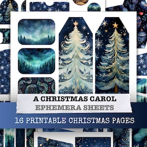 A Christmas Carol Winter Add-on Kit, Starry Night Blue Christmas Junk Journal Ephemera, Card Making, Tags, Labels, Pockets, Envelope, Strips