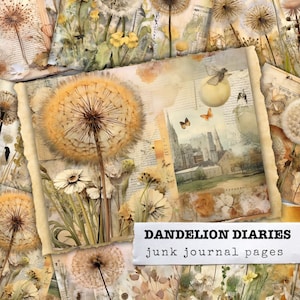 Kit de diario basura Dandelion Diaries, collage, hojas de papel de fondo, arte en técnica mixta, páginas de álbumes de recortes, pintura grunge desgastada, descarga digital