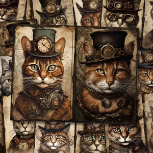Pagina di diario vintage Steampunk Cat Watercolor Junk Journaling Paper Victorian Fantasy Kit di diario Junk Journal Foglio di collage stampabile da scaricare