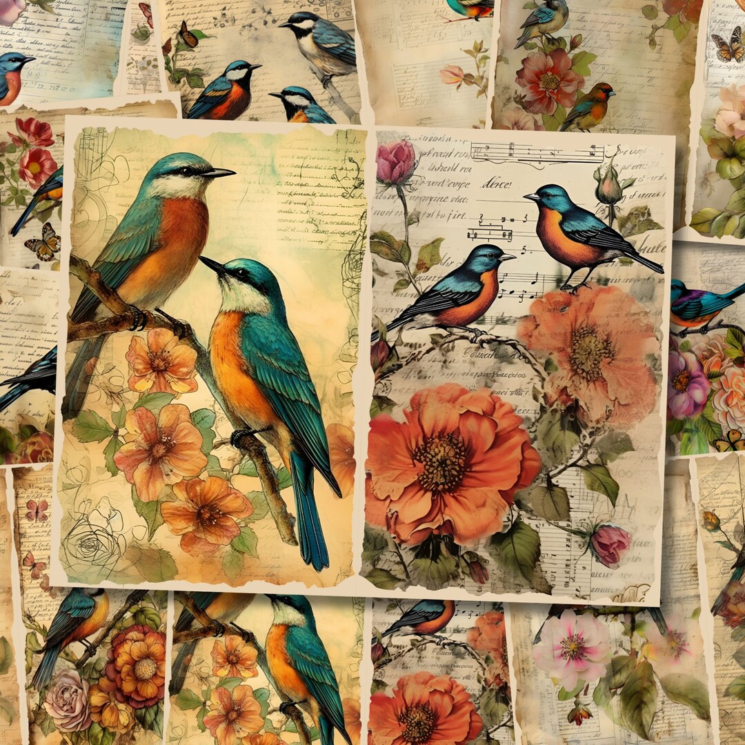 Birds and Flowers Watercolor Junk Journal Pages Floral Journaling Paper ...