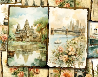 May include: A collage of vintage-style images featuring a temple, a bridge, a boat, and flowers. The images are framed with a distressed paper border and have a watercolor effect.