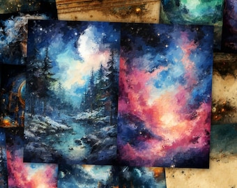 Cosmic Sky Celestial Junk Journal Kit Textured Mixed Media Fantasy Starry Night Space Twilight Moon Digital Paper Scrapbook Printable Page