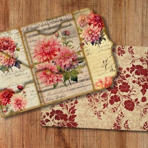 Dahlia aquarela trifold folio junkjournal kit vintage diy mini folio lixo diário kit digital dobrável folio pasta kit inserção de bolso