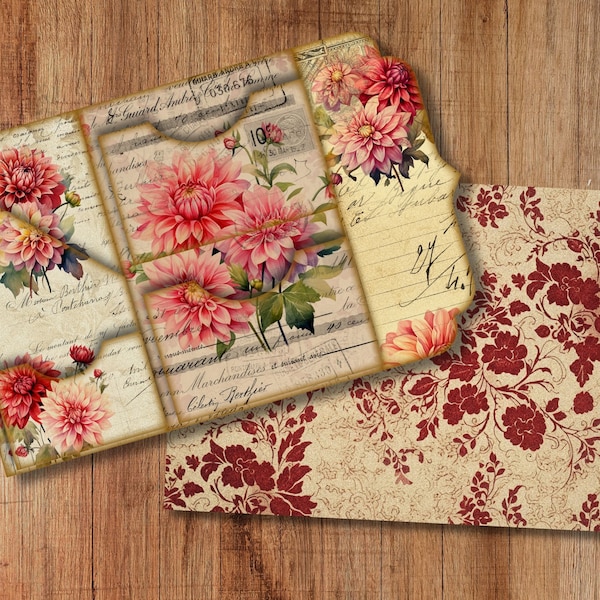 Dahlia Watercolor Trifold Folio Junkjournal Kit Vintage DIY Mini Folio Junk Journal Kit Digital Folding Folio Folder Kit Pocket Insert