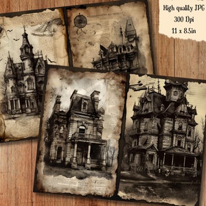Haunted Mansion Watercolor Junk Journal Page Halloween Gothic Witchy ...