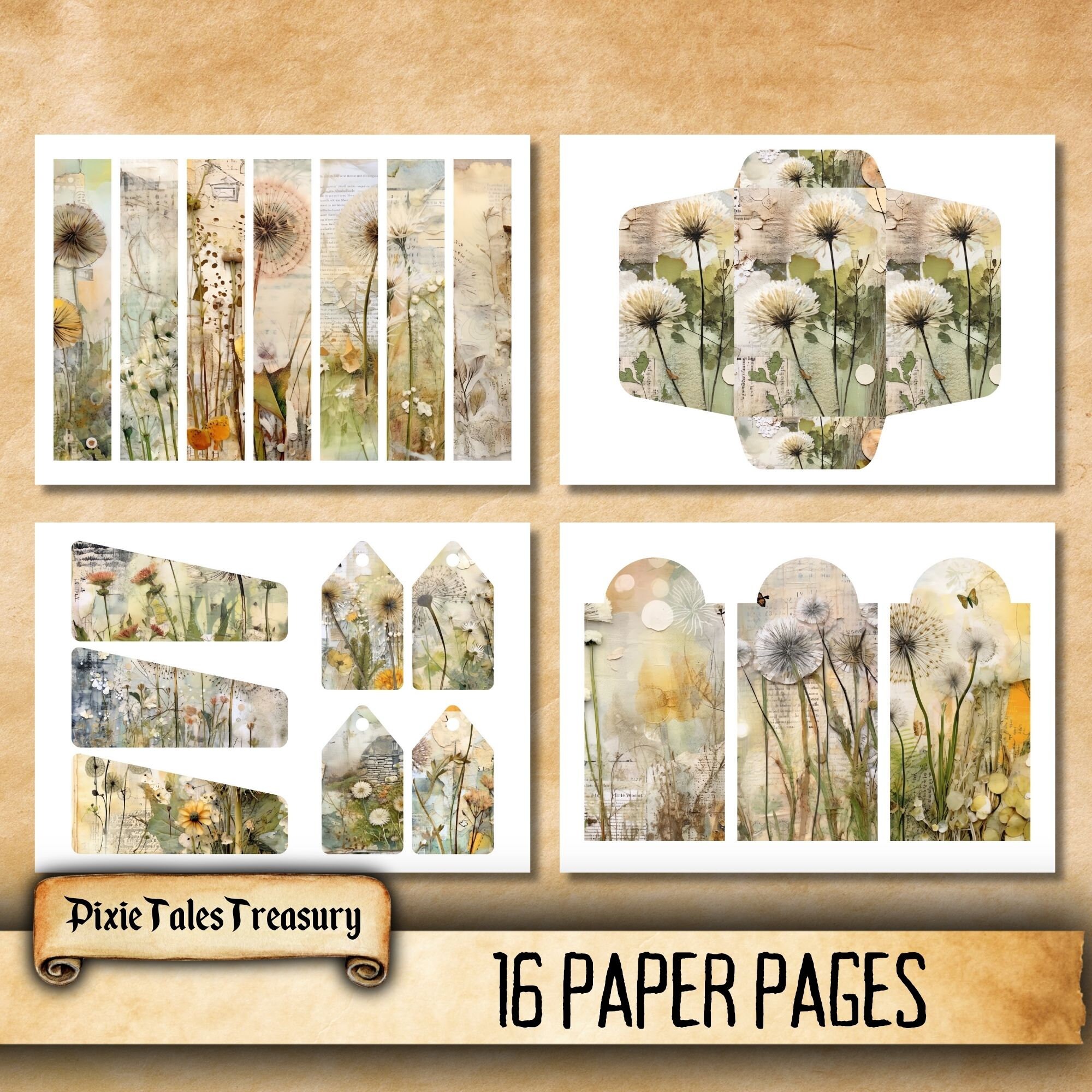 Dandelion Harmony Flower Ephemera Junk Journal Kit Background Paper ...