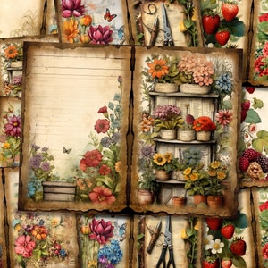 Kit de diario botánico con motivos florales de estilo shabby chic para jardinería, hojas para imprimir en papel, hojas para collage de estilo cottagecore, hojas para álbumes de recortes digitales y jardines