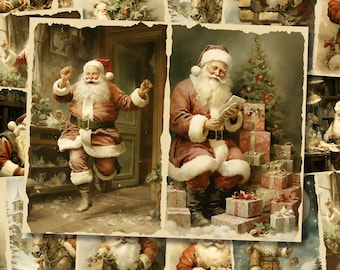 Könnte beinhalten: Eine Collage aus Vintage-Weihnachtsbildern mit dem Weihnachtsmann in verschiedenen Posen. Die Bilder sind mit einem verwitterten Papierrahmen versehen und haben eine warme, nostalgische Atmosphäre.