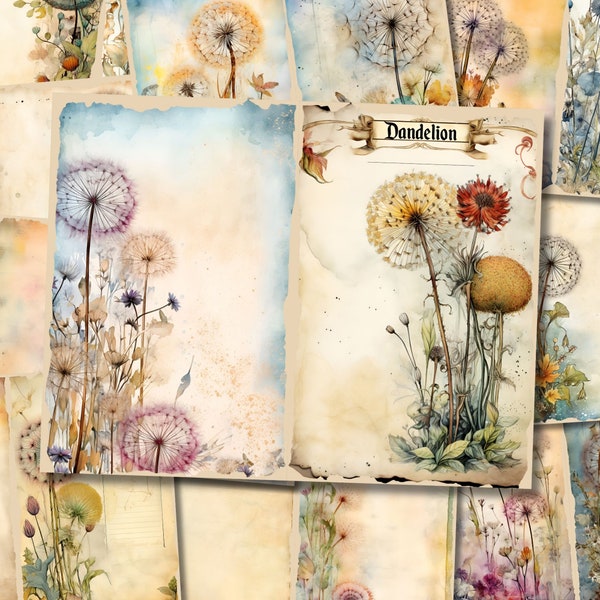 Pagine di diario spazzatura di fiori squallidi Dente di leone Fiore di campo Journaling Carta Junkjournal Digi Kit Forniture Foglio di scrapbooking collage stampabile