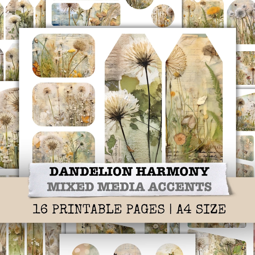 Dandelion Harmony Flower Ephemera Junk Journal Kit Background Paper ...