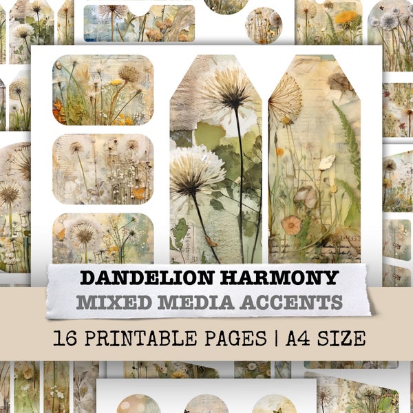 Dandelion Harmony Flower Ephemera Junk Journal Kit Background Paper Mixed Media Art Scrapbooking Page Floral Collage Digital Download