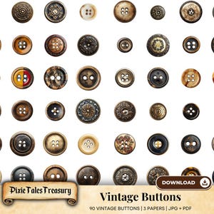 May include: A digital paper pack of 90 vintage buttons in various colors, patterns, and styles. The buttons are arranged in a grid pattern on a white background. The text "Vintage Buttons" is displayed at the bottom of the image.
