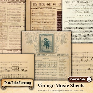 Puede incluir: Una colección de 30 partituras de música vintage, que presentan una variedad de partituras musicales y partituras. Los papeles están en un estilo desgastado y envejecido, con un fondo amarillento y tinta descolorida. Los papeles son perfectos para scrapbooking, manualidades o para agregar un toque vintage a tus proyectos.