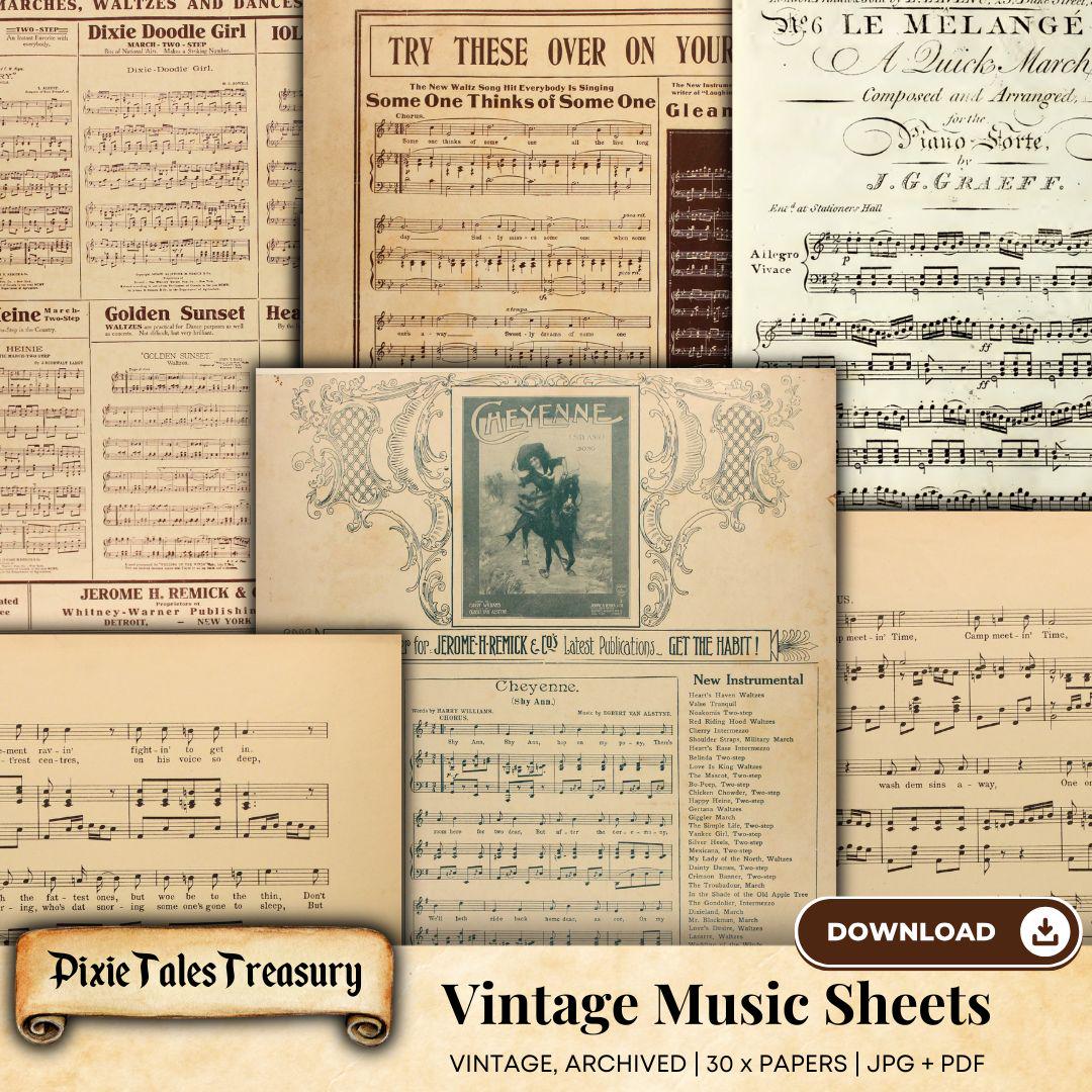 Vintage Music Sheet Collection, Antique Score Printables, Piano