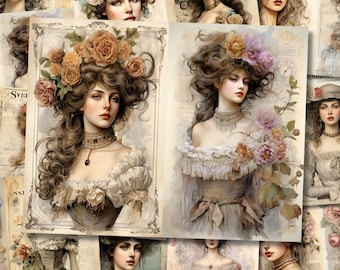 Può includere: Un collage di immagini in stile vintage con donne con fasce per capelli floreali e abiti in pizzo. Le immagini sono su uno sfondo di carta vecchia con testo e motivi floreali.