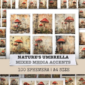 Nature&#39;s Umbrella Mushroom Junk Journal Kit Red Mushroom Ephemera Paper Mixed Media Art Scrapbooking Page Collage Printable Digital Download