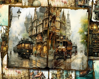 May include: A watercolor painting of a whimsical city with a steampunk aesthetic. The scene features two vintage-style trains, one in the foreground and one in the background, traveling along a cobblestone street. The buildings are tall and ornate, with intricate details and a mix of architectural styles. The sky is a soft blue with fluffy clouds, and the overall atmosphere is one of wonder and adventure.