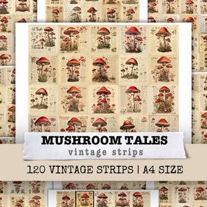 Mushroom Tales Vintage Strip Floral Flower Junk Journal Kit Paper Mixed Media Art Scrapbooking Page Collage Printable Digital Download