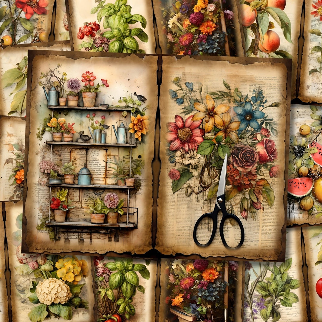 Botanical Junk Journal Kit Gardening Shabby Floral Paper Flower Cottage ...