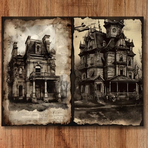 Haunted Mansion Watercolor Junk Journal Page Halloween Gothic Witchy ...