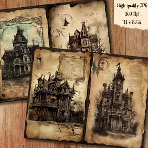 Haunted Mansion Watercolor Junk Journal Page Halloween Gothic Witchy ...