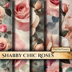 Papel floral con rosas Shabby Chic, papel para diario basura con diseño de rosas pastel vintage, suministros para manualidades con estilo Cottagecore romántico, fondo imprimible