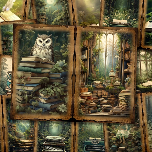 Forest Book Lover Junk Journal Kit Librarian Magic Library Collage Sheet Paper Green Academia Fantasy Magic School Scrapbooking Art Download