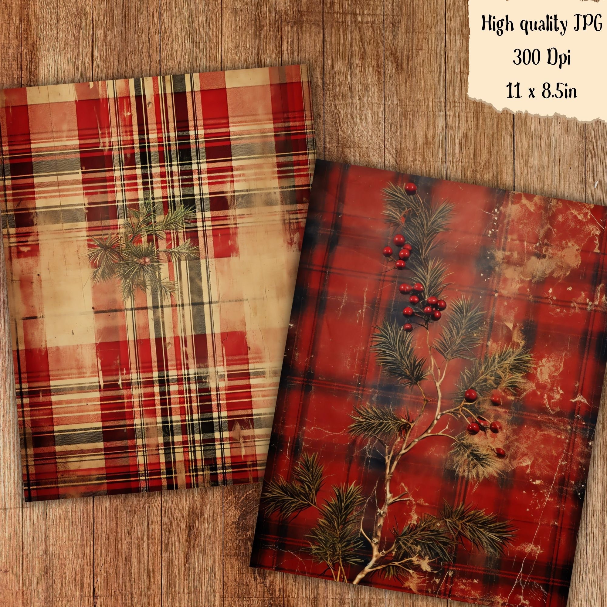 Vintage Christmas Holiday Plaid Faded Collage Sheet Rustic Floral ...