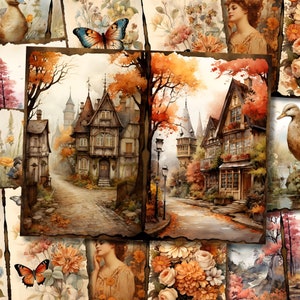 May include: A collage of vintage-style illustrations featuring a quaint autumnal town, blooming flowers, and a butterfly. The town is depicted with cobblestone streets, charming houses, and trees with vibrant fall foliage. The flowers are in shades of orange, pink, and white, and the butterfly has blue and brown wings.