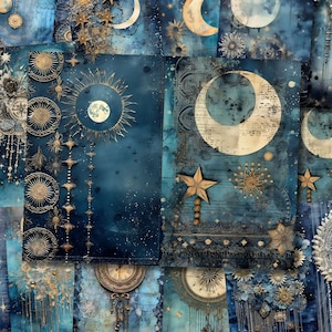 Himmlische Mond Grunge Junk Journal Seite Skurril Fantasy Mondlicht zerfetzten Blau Journaling Papier Junk Journal Kit druckbare Collage Sheet