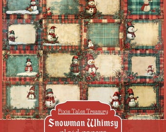 Sneeuwpop kerstplaid, 8,5 x 11 inch, feestelijk junkjournaalblad, vakantie tartan afdrukbaar, digitale achtergrond plakboek, rustieke collagekit