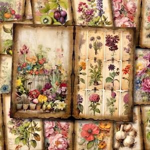Botanisches Junk Journal Kit Gartenarbeit Shabby Blumen Papier Blume Cottage Printable Pages Garten Digitales Scrapbook Cottagecore Collage Sheet